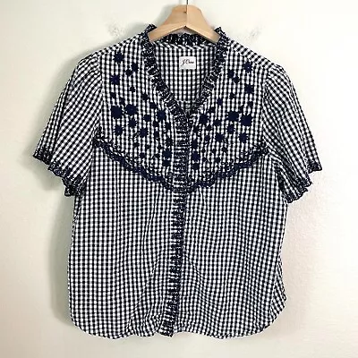 J Crew Womens XL Floral Embroidered Gingham Top Navy White Shirt • $29.99