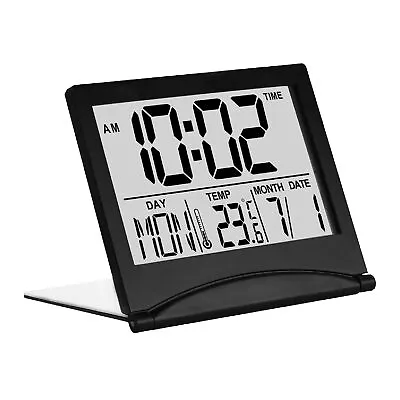 Digital Alarm Clock LCD Foldable - Desk Clock With Temperature And Date - Black • £10.99