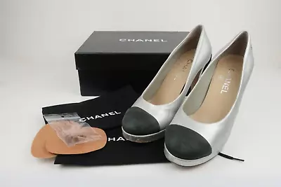 Chanel 15C Cap Toe Platform Pumps Silver Metallic & Black Leather Size 38.5 • $195