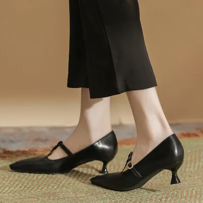 Pointed Toe Shoes T-Strap Buckle Mary Jane Mid Kitten Heeled Womens Work Pumps • $45.69