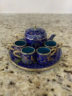 Vintage Cloisonné Brass & Enamel Chinese 7pc Miniature Tea Set Cobalt Blue • $35