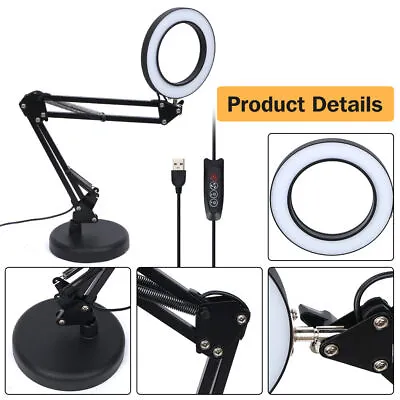 10X Magnifying Glass Desk Light Magnifier LED Lamp Reading Lamp With Base Black • £16.49