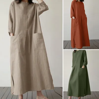 UK Women 3/4 Sleeve Round Neck Casual Loose Solid Cotton Kaftan Long Maxi Dress • £23.93