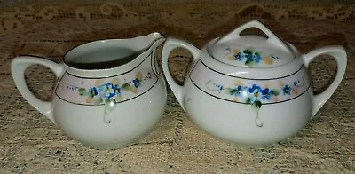 Meito Nippon Hand Painted Forget Me Not Creamer & Sugar Bowl Blue Flowers Gold • $12.95