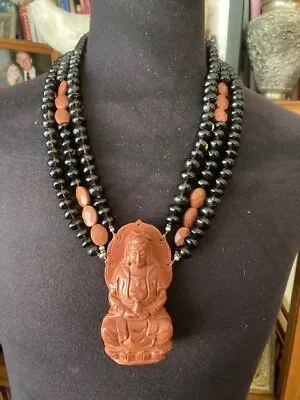 Amazing Dramatic Goldstone And Dark Smokey Quartz Quan Yin Necklace • $145