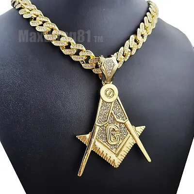 Hip Hop Large Masonic Pendant & Iced Cuban Cubic Zirconia Chain Bling Necklace • $19.99