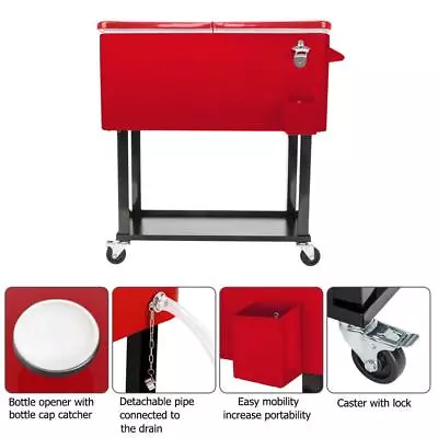 80qt Rolling Ice Chest On Wheels Patio Party Bar Drink Cooler Cart • $118.99