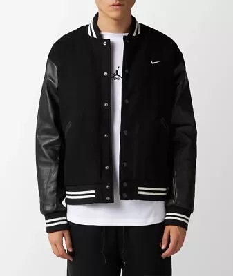 Nike Authentics Varsity Bomber Jacket Black Leather Men’s Med $500 FD7845-010 • $349.99