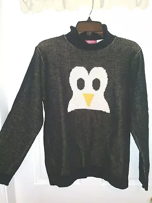 Binghamton Knitting Vtg Women's M Black Cartoon Penguin Ski Sweater~USA~NWOT~D2 • $16.99