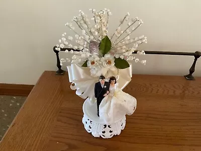 Vintage Wedding Cake Topper Floral Ribbon Fabric Bride Groom. 10” High • $9.99