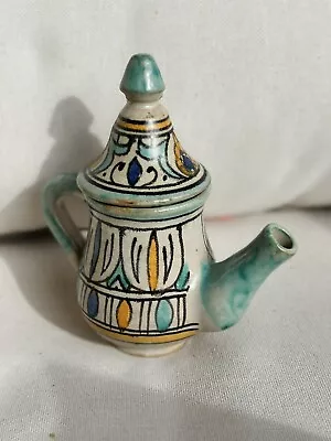 Vintage Moroccan Handmade Ceramic Mini Teapot Hand Painted Teal Blue Yellow • $34.99