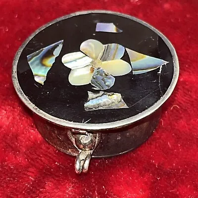 Vintage Flower Mosaic Inlay Silver Pill Trinket Box Alpaca Mexico Abalone Shell • $17.95