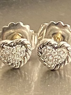 USED David Yurman Sterling Silver Petite Heart Pave Diamond Earrings • $375