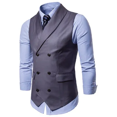 Mens Slim Fit Double-Breasted Waistcoat Formal Business Casual Coat Suit Vest • $28.64