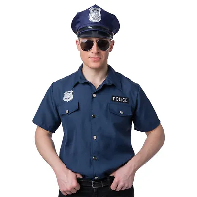 Mens POLICE OFFICER SHIRT PC Cop Uniform Fancy Dress USA Terminator BLUE EM-3298 • £13.45