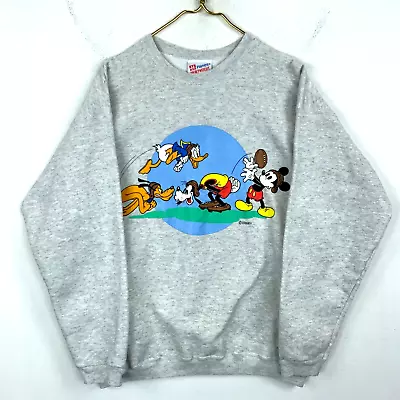Vintage Mickey Mouse Sweatshirt Crewneck Large Gray Football Disney 90s • $38.24