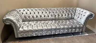 British Handmade Chesterfield Silver Crushed Velvet Fabric Sofa And Footstool • £1499