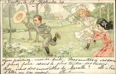 Children Chasing Butterflies Butterfly Net C1905 Vintage Postcard • $9.89