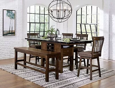 Counter Height Burnished Oak Dining Table Swivel Chairs Bench Furniture Set • $1499