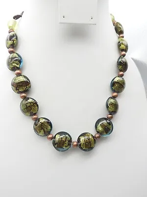 Signed Coldwater Creek Copper Blue Green Art Glass Beaded Necklace Vintage • $25.57