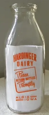 Vintage Hardinger  Dairy Cow Farm1940s Car Albia Iowa IA Quart Milk Bottle • $49