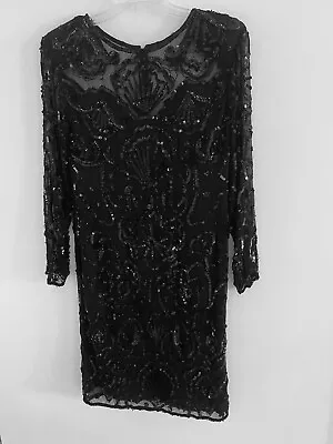 Vintage Scala Black Silk Beaded Sequin Evening Party Formal Dress Size PM • $69.95