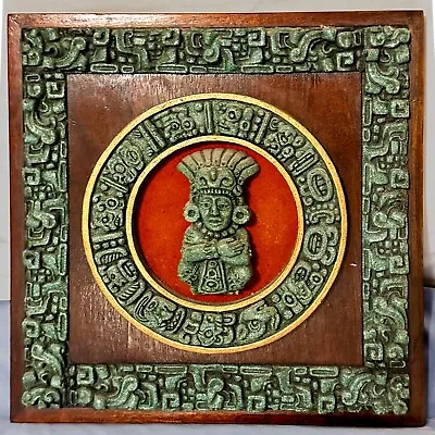 Vintage Zarebski Mayan Seated Figure Crushed Malachite Wall Art Wood Plaque • $29.14