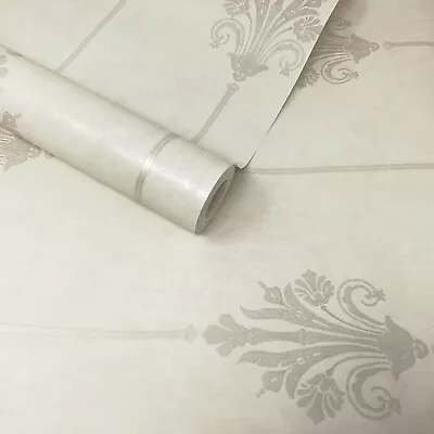 Fine Decor - Cream Beige Metallic Silver Regal Damask Feature Wallpaper SZ002412 • £6.49