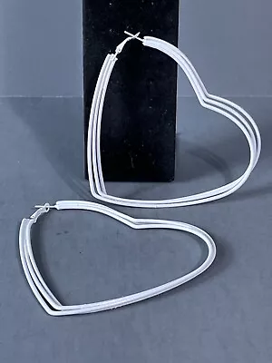 Dangle Hoop White Heart Earrings Mid Century Modernist Retro Boho Pierce 3.5  • $7.99