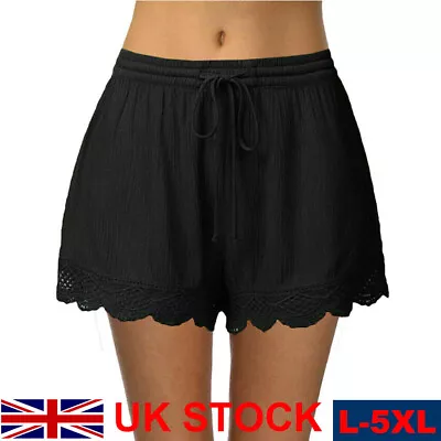 Womens Ladies Elastic Waist Drawstring Lace Hem Beach Shorts Pants Plus Size • £6.64