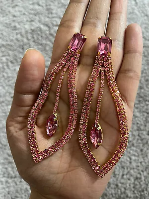 Fuchsia Earrings Long Pink Rhinestone Bling Crystal Extra Chandelier Dangle 4” • $16.40