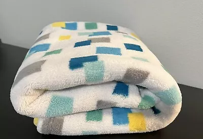 Little Miracles Squares Baby Blanket White Aqua Blue Green Gray Yellow Costco • $35