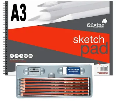 Silvine A3 Sketch Pad Wire Bound 130gsm Perforated 30 Sheets + 8 Sketching Set • £7.59