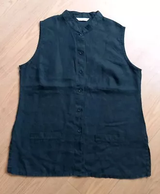 Vintage Marks & Spencer Black Pure Linen Nehru Collar Sleeveless Shirt UK 14/16 • £15