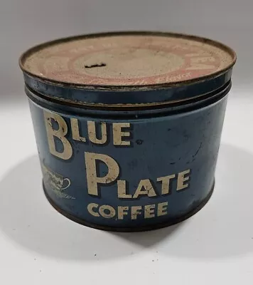 Vintage Blue Plate 1 Lb Coffee Can Tin Key Wind Litho Advertising • $45