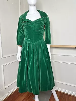 Vintage Vtg 40s 50s Green Velvet Fit And Flare Dress Bolero Jacket Holiday 36-28 • $129.99