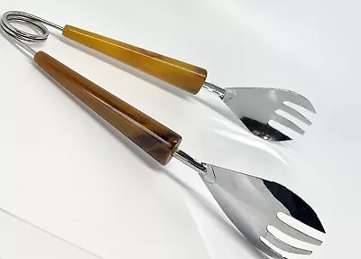 Vintage Ice Tongs With Butterscotch Swirl Bakelite Handles 4 Prong 8” • $15.89