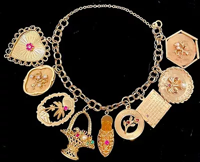 14K Solid 48 Grams Yellow Gold Vintage Charm Bracelet W 9 Charms Gems  • $3249.99