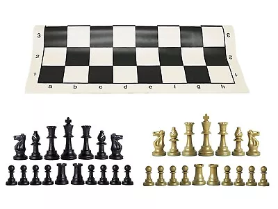 Black & Khaki Gold Chess Pieces & 20  BlackVinyl Board-Single Weighted Chess Set • $22.95