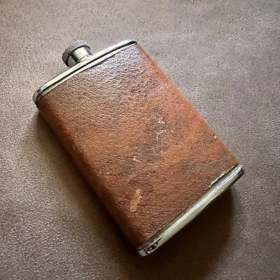 Small Vintage 3oz Stainless Steel & Leather Hip Flask Made In England • $35