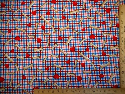 Quilt Fabric By Yard Dog Bones Red Hearts On Blue Red White Premium Cotton Vtg • $9.99