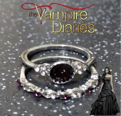 The Vampire Diaries Elena Gilbert Ruby/Zirconia Silver Finish Twin Ring Set • £7.95