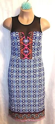 ECI New York Aztec Blue White Print Mesh Detail Women's Sheath Dress Large  • $6.99