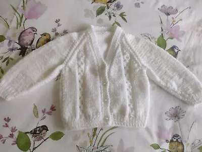 Hand Knitted Cardigan  To Fit 0/3 Months. Chest Size 18ins White • £5