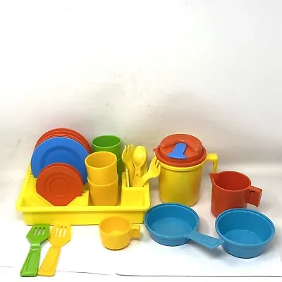 VTG Fisher Price Fun With Food Plates Cups Pitcher Pans Utensils Kitchen Set • $29.70