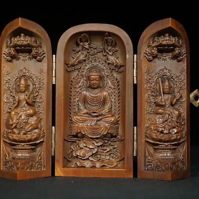 £38.39 • Buy Vintage Japanese Netsuke Old Boxwood Carved Three Open Buddha Box Statue #5