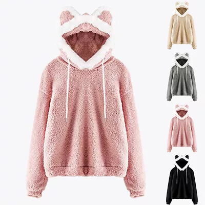 Women Hoodie Fleece Teddy Bear Fur Hooded Sweater Winter Fluffy Outwear Tops • £8.89