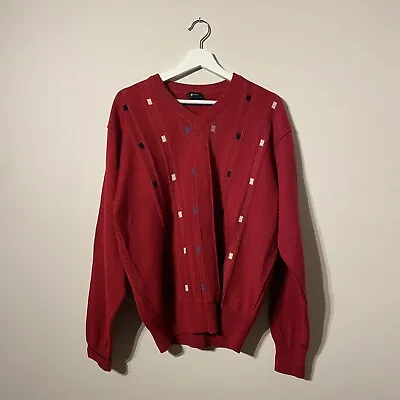 Vintage Gabicci Wool Blend Red Patterned V Neck Sweater Size L • £14.99