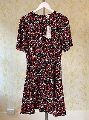 *BNWT* WAREHOUSE Black Red Tiger Moth Flippy Dress UK 12 Rrp £45 Short Sleeves • £17.50