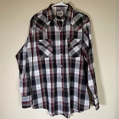 Ely Cattleman Red Black Metallic Plaid Pearl Snap Long Sleeve Shirt Large • $14.96